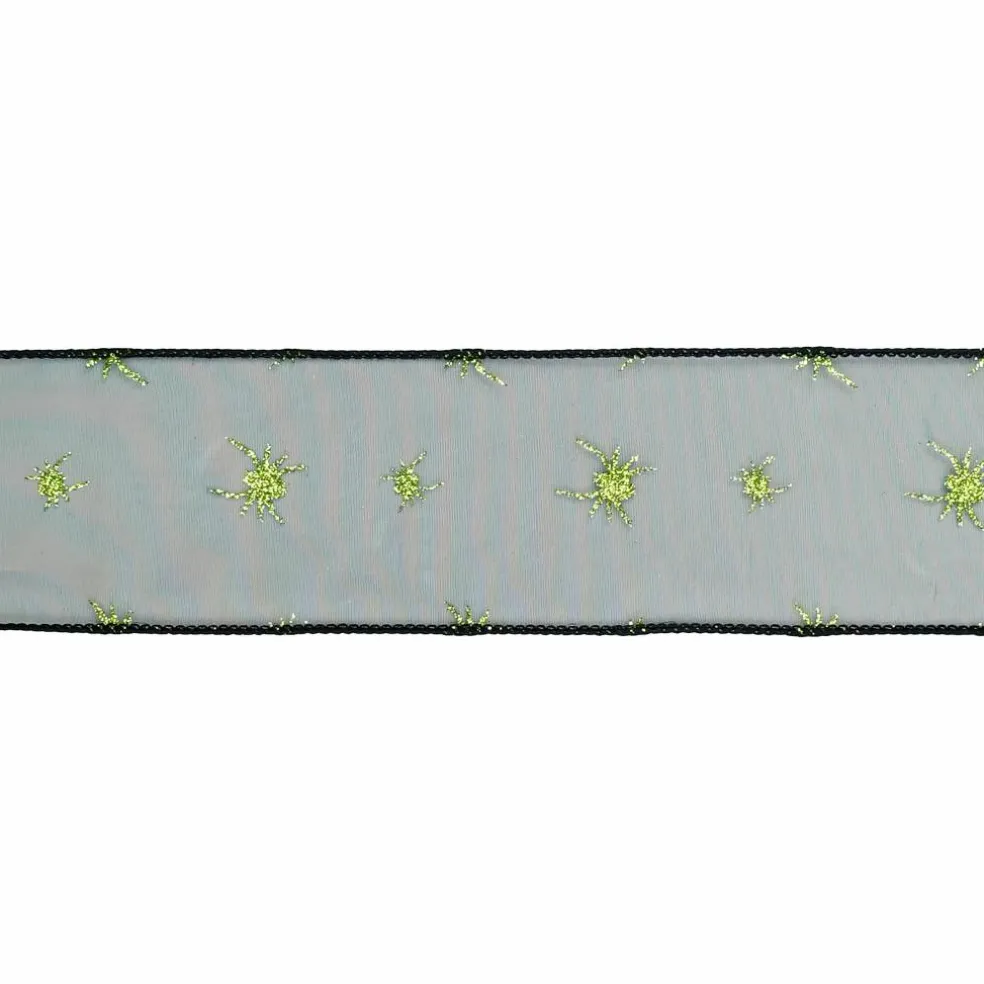 2.5" x 6.6yd. Black & Green Glitter Spiders Wired Sheer Ribbon by Celebrate It®