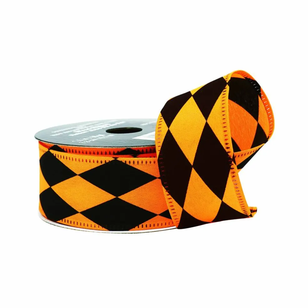 1.5" x 10yd. Black & Orange Diamond Wired Pongee Ribbon by Celebrate It®
