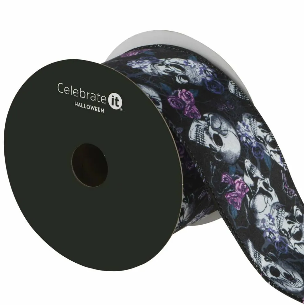 2.5" x 6.6yd. Black Skulls & Roses Wired Ribbon by Celebrate It®