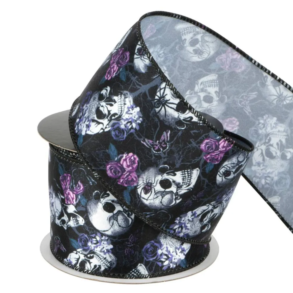 2.5" x 6.6yd. Black Skulls & Roses Wired Ribbon by Celebrate It®