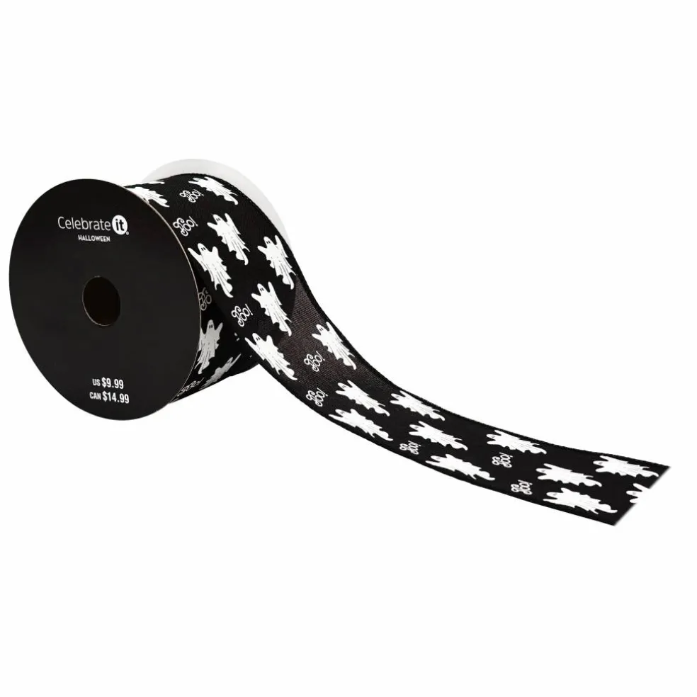 2.5" x 6.6yd. Black & White Boo Ghost Taffeta Wired Ribbon by Celebrate It®