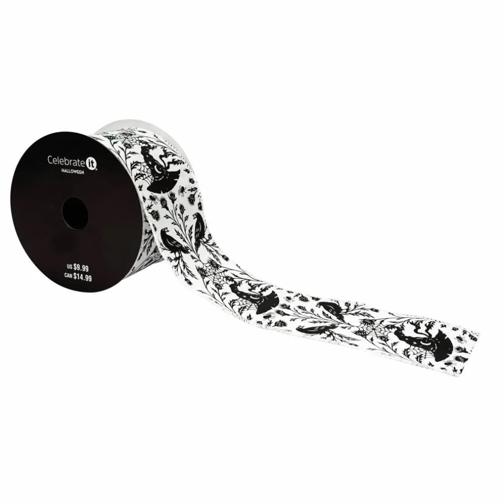 2.5" x 6.6yd. Black & White Witch Hat Wired Faux Linen Ribbon by Celebrate It®