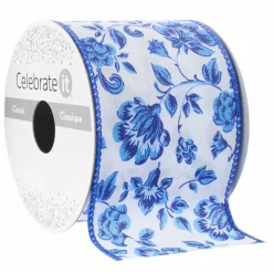 2.5" x 3yd. Blue Chinoiserie Floral Wired Edge Ribbon by Celebrate Itâ„¢