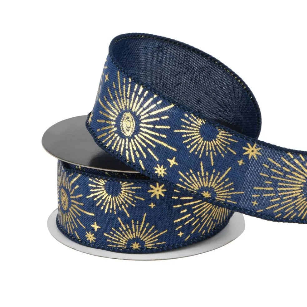 1.5" x 10yd. Blue & Gold Eye Burst Wired Ribbon by Celebrate It®