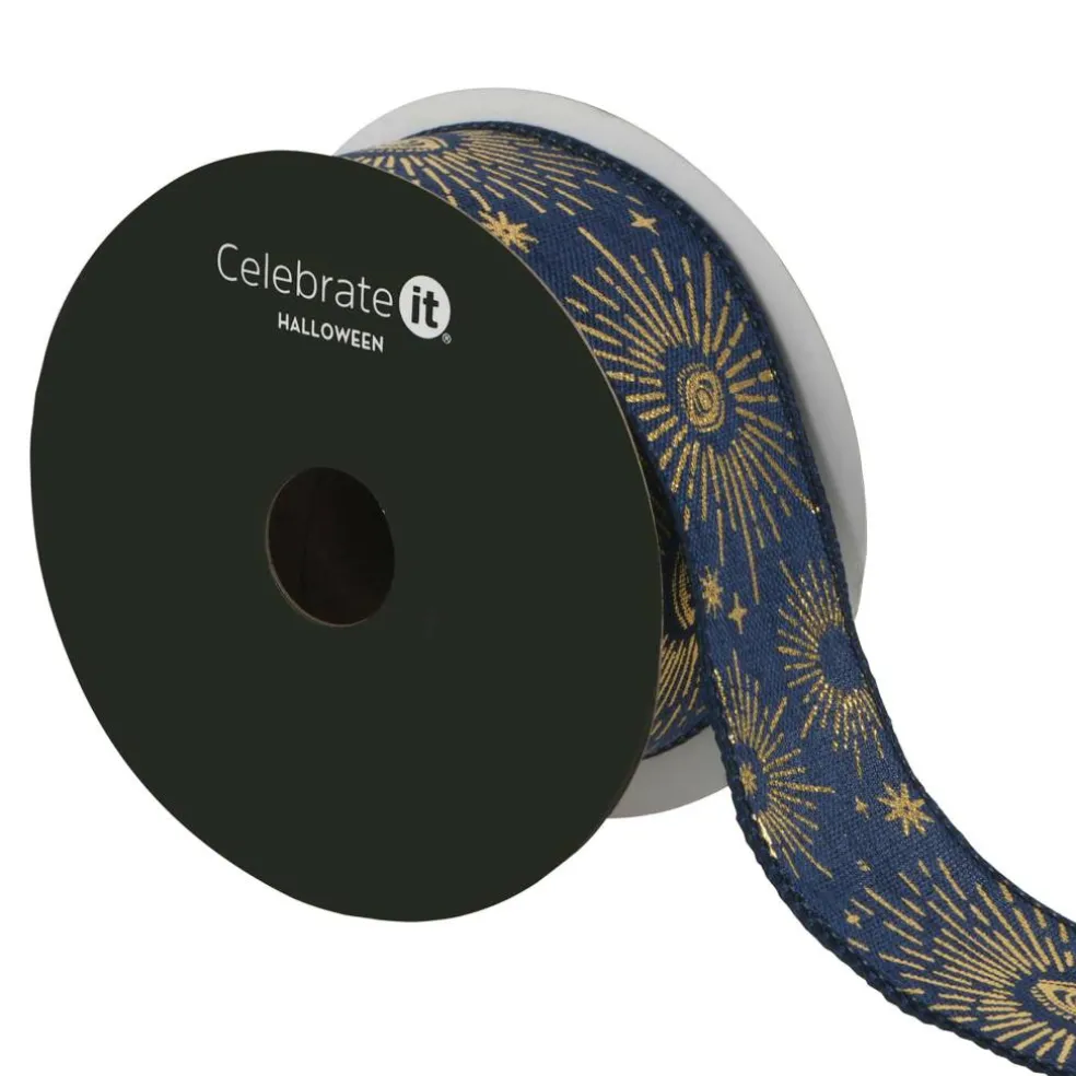 1.5" x 10yd. Blue & Gold Eye Burst Wired Ribbon by Celebrate It®