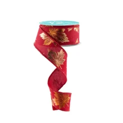 1.5"x10yd Burgundy Fall Foil Maple Leaf Wired Ribbon – Autumn Craft & Wreath Supply-RGE147605