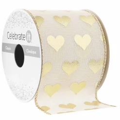 2.5" x 3yd. Gold Heart Wired Edge Ribbon by Celebrate Itâ„¢