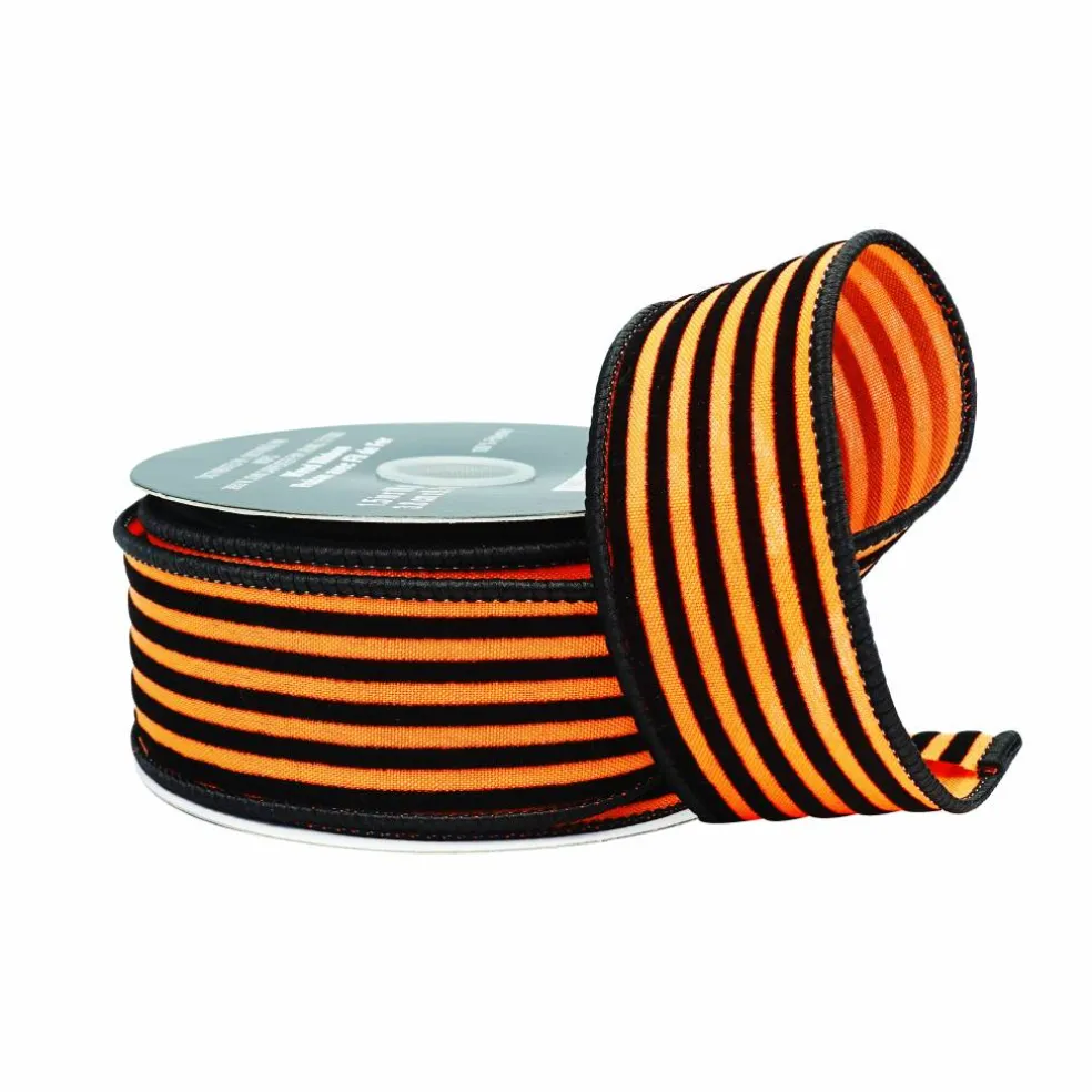 1.5" x 10yd. Orange & Black Flocked Stripes Wired Ribbon by Celebrate It®