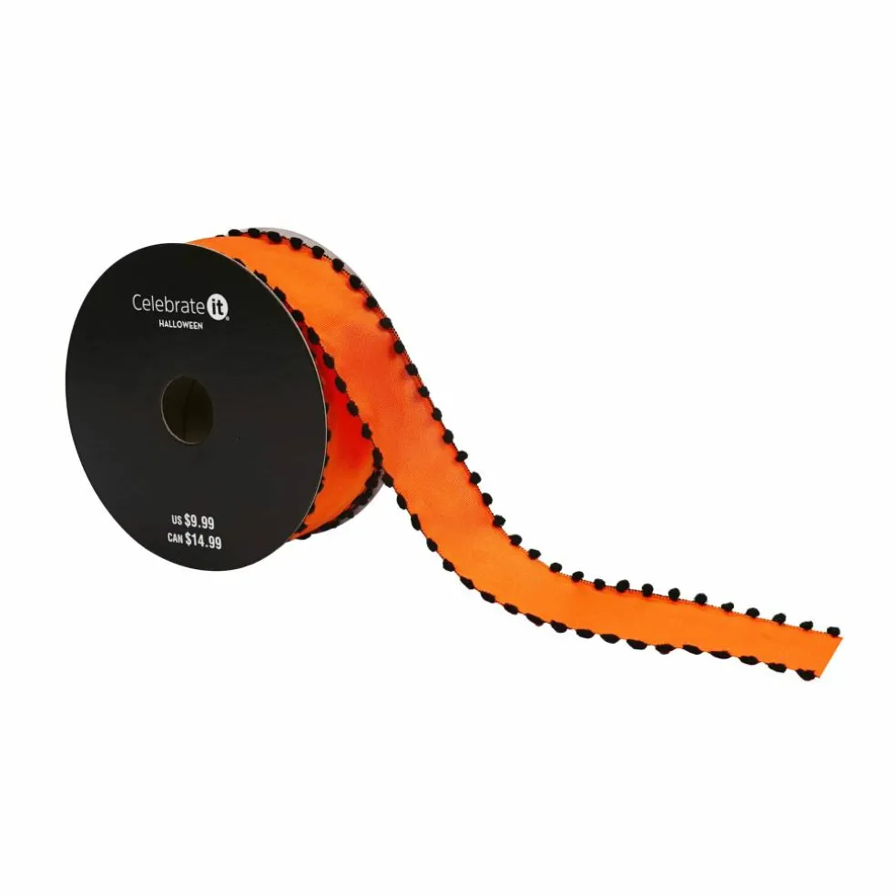 1.5" x 10yd. Orange & Black Pom Pom Edged Wired Ribbon by Celebrate It®