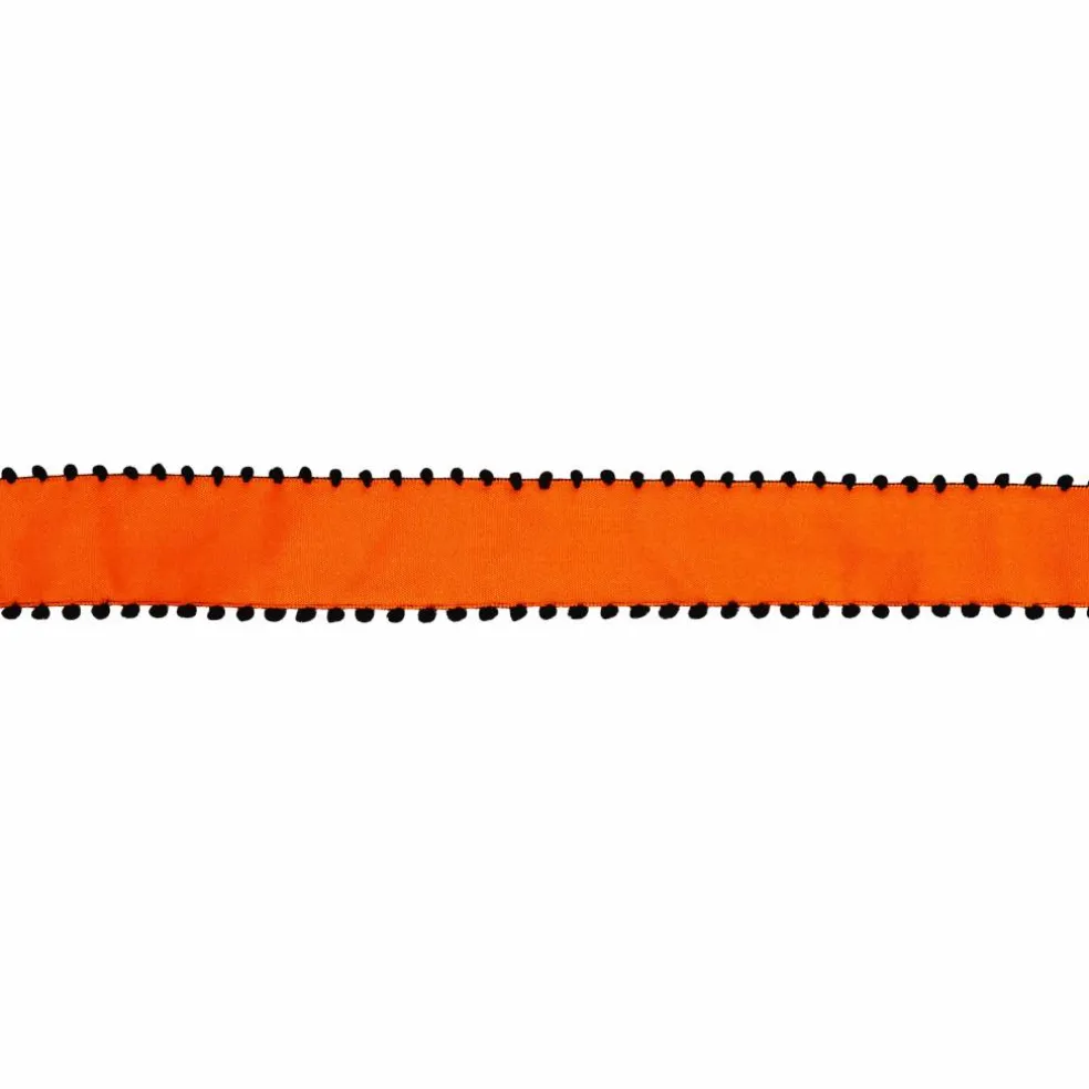 1.5" x 10yd. Orange & Black Pom Pom Edged Wired Ribbon by Celebrate It®