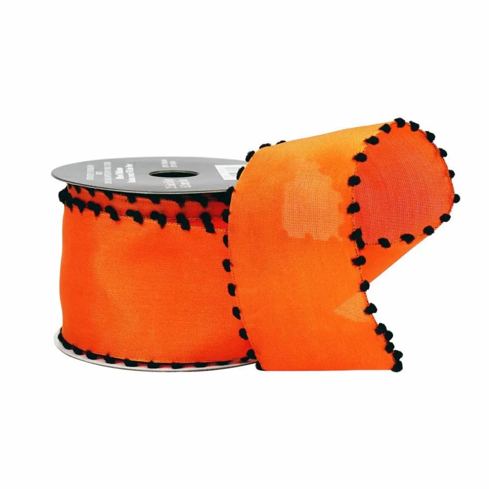2.5" x 6.6yd. Orange & Black Pom Pom Wired Ribbon by Celebrate It®