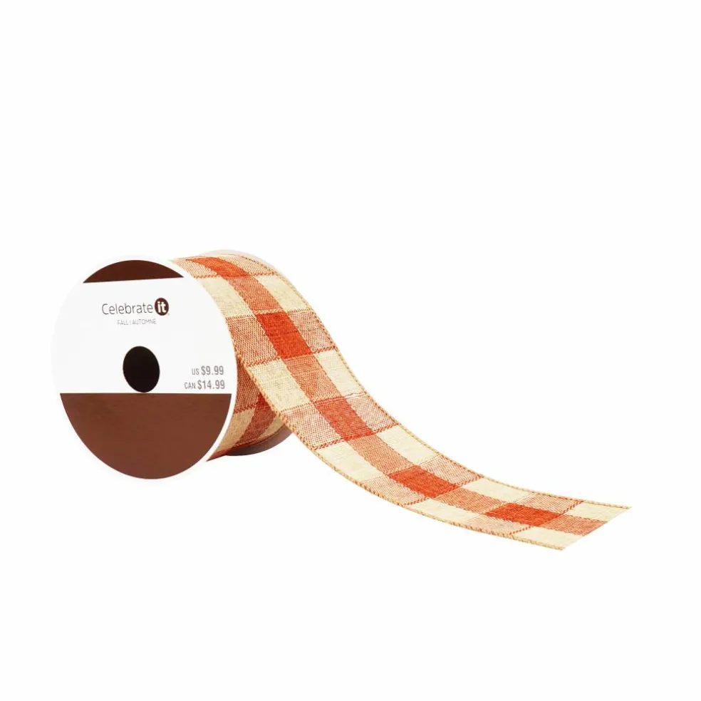 2.5" x 6.6yd. Orange Plaid Check Wired Ribbon by Celebrate It®