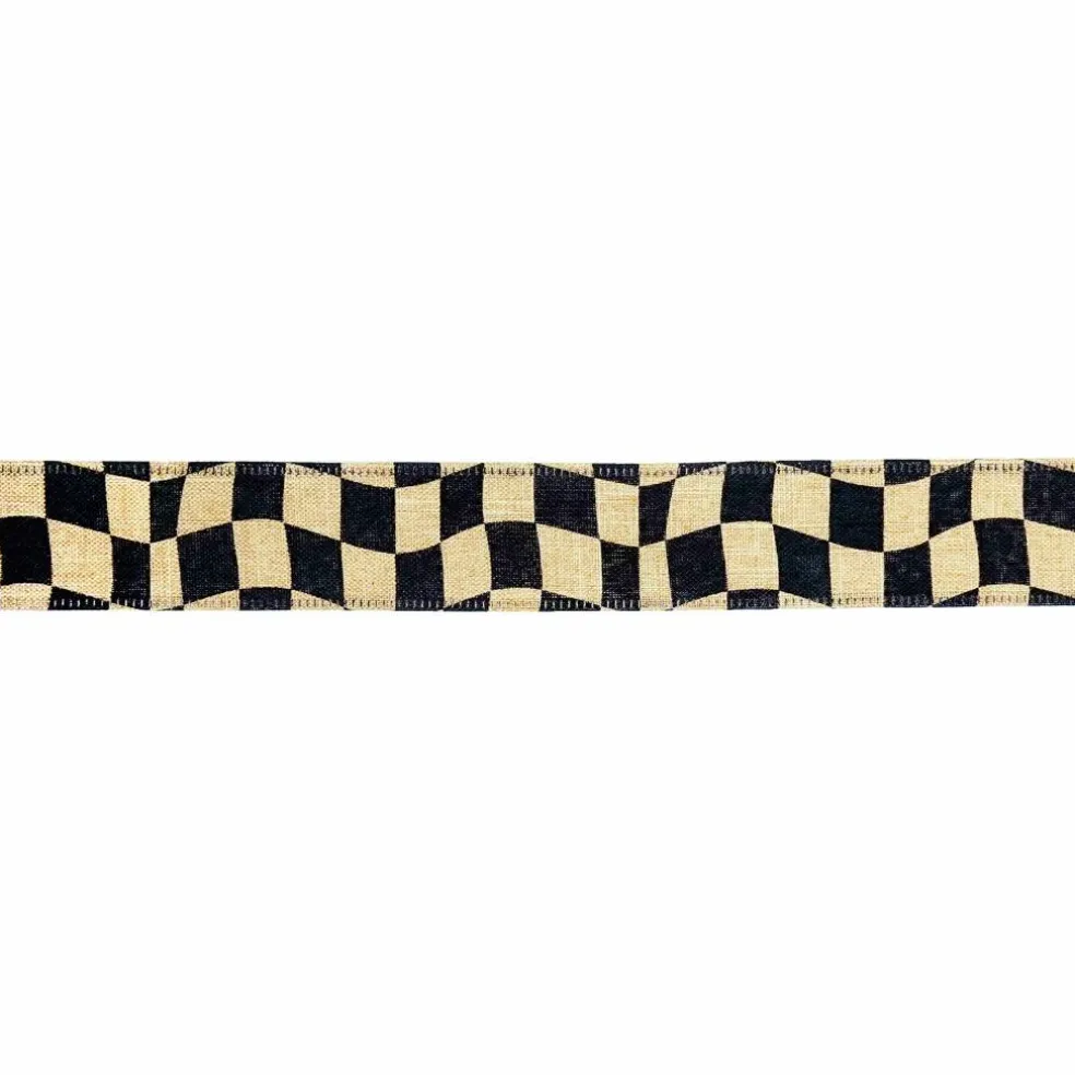 1.5" x 10yd. Wavy Black Check Wired Faux Linen Ribbon by Celebrate It®
