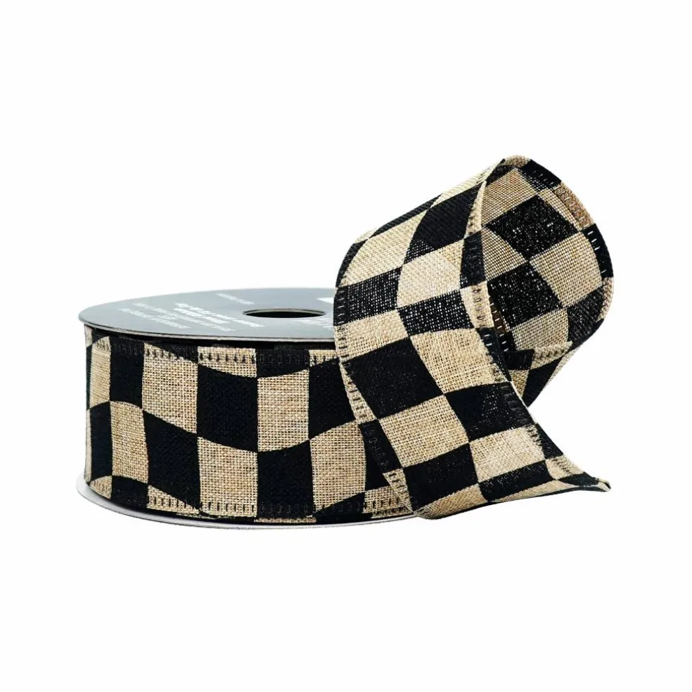 1.5" x 10yd. Wavy Black Check Wired Faux Linen Ribbon by Celebrate It®