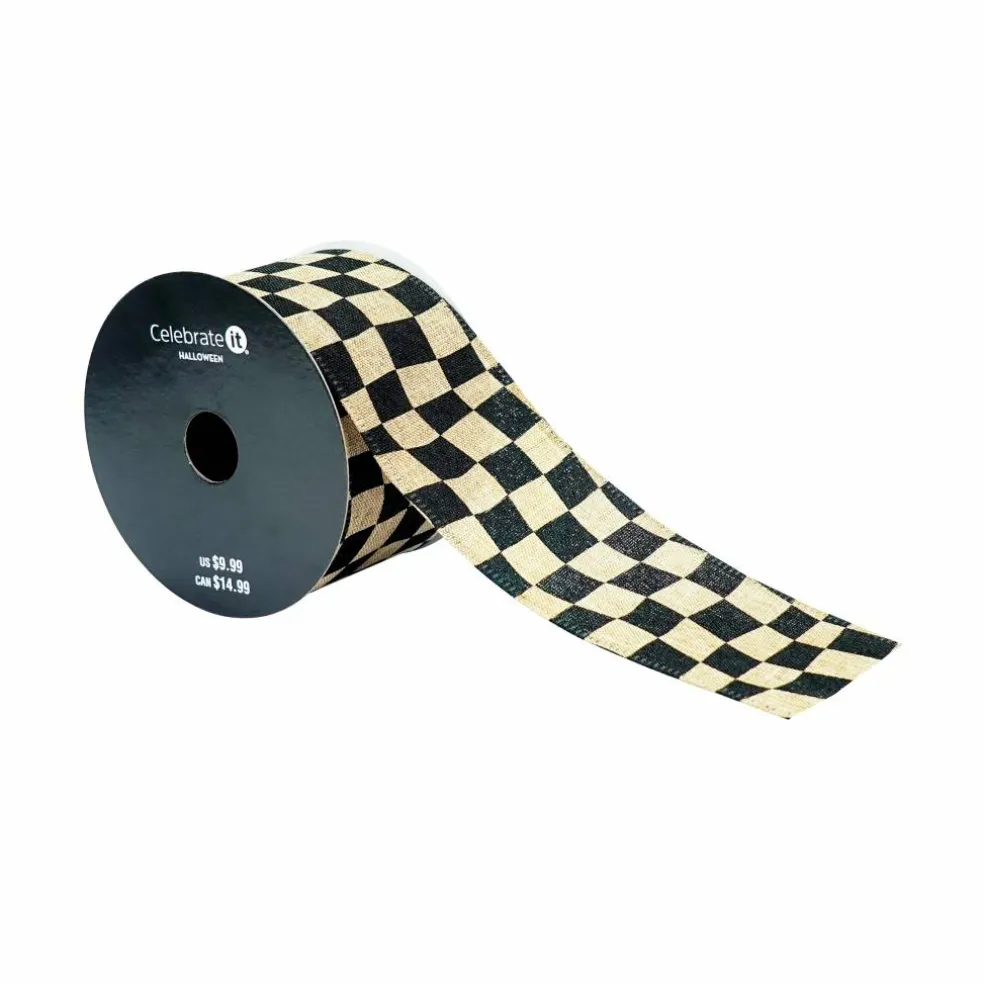 2.5" x 6.6yd. Wavy Black Check Wired Faux Linen Ribbon by Celebrate It®