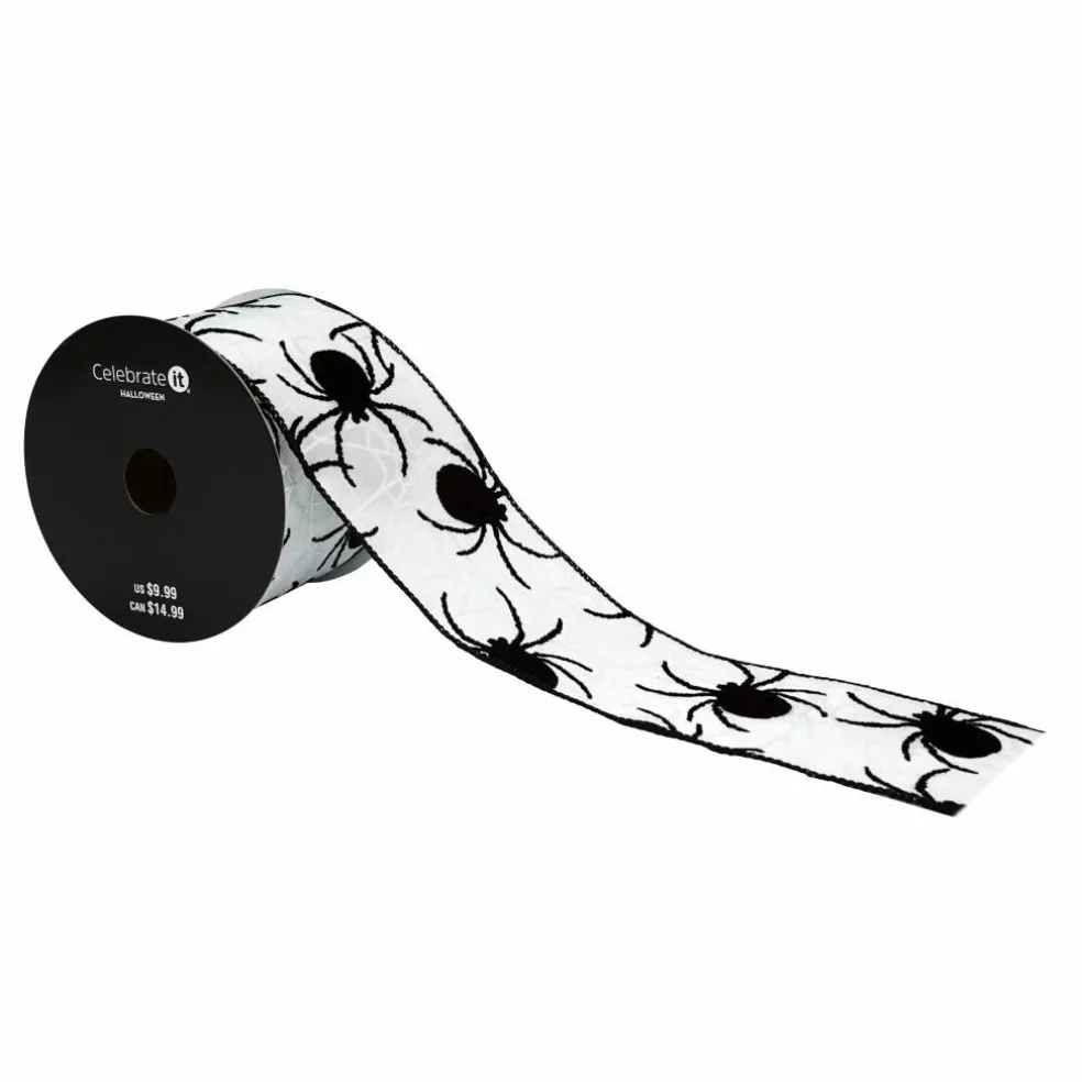 2.5" x 6.6yd. White & Black Spiders Wired Taffeta Ribbon by Celebrate It®