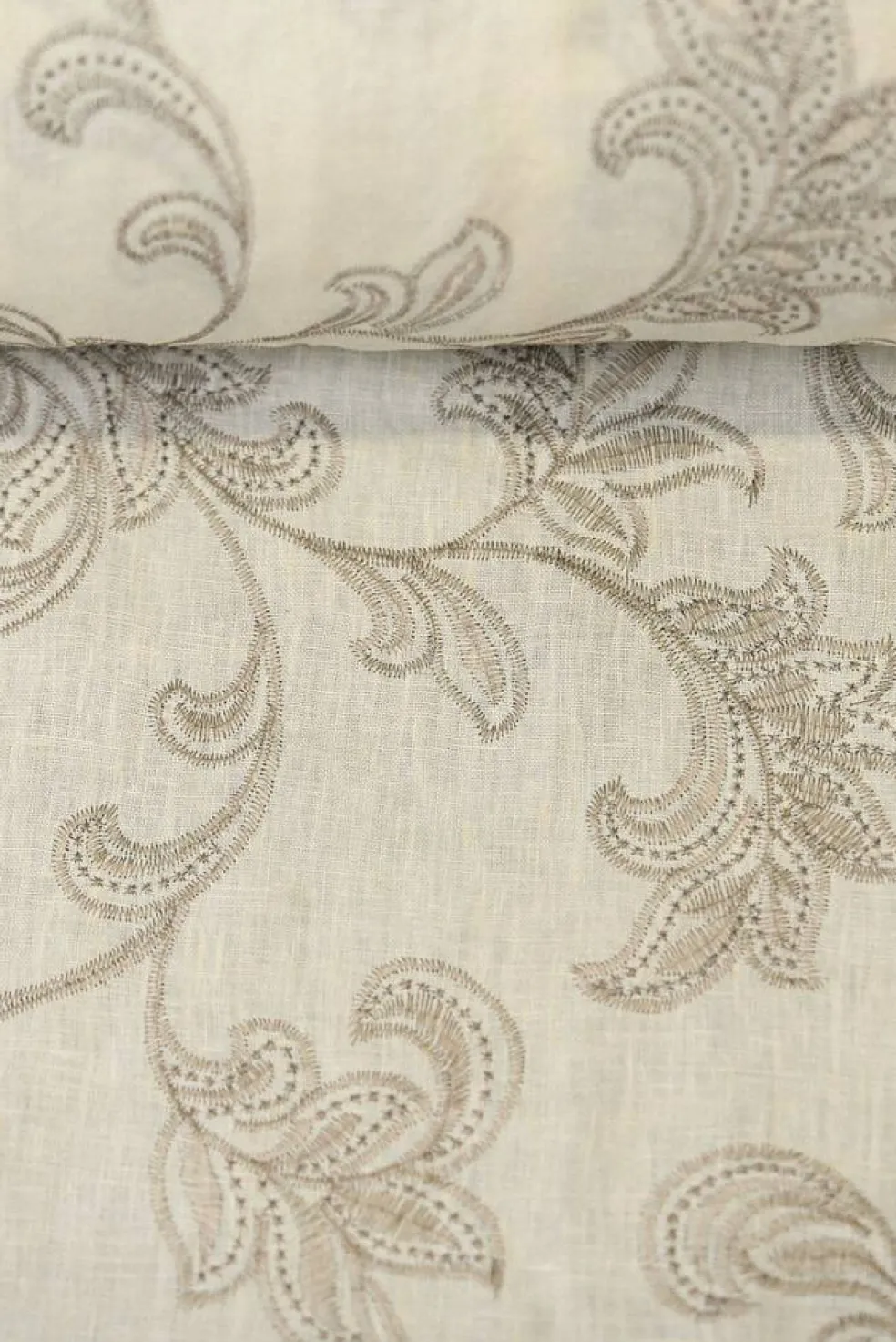 1 Yard Beige Natural Foliage Embroidered Linen Fabric 54" Width
