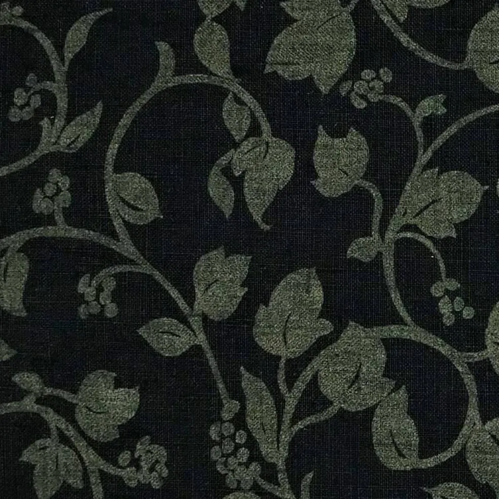 1 Yard Black Pure Linen Vines Puff Print Fabric Midweight Printed 58 Inch Width