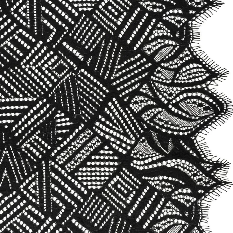 1 Yard Black Raschel Lace Fabric Geometry Leaves Organic Edge Sheer 100% Nylon, Panel Length 50"