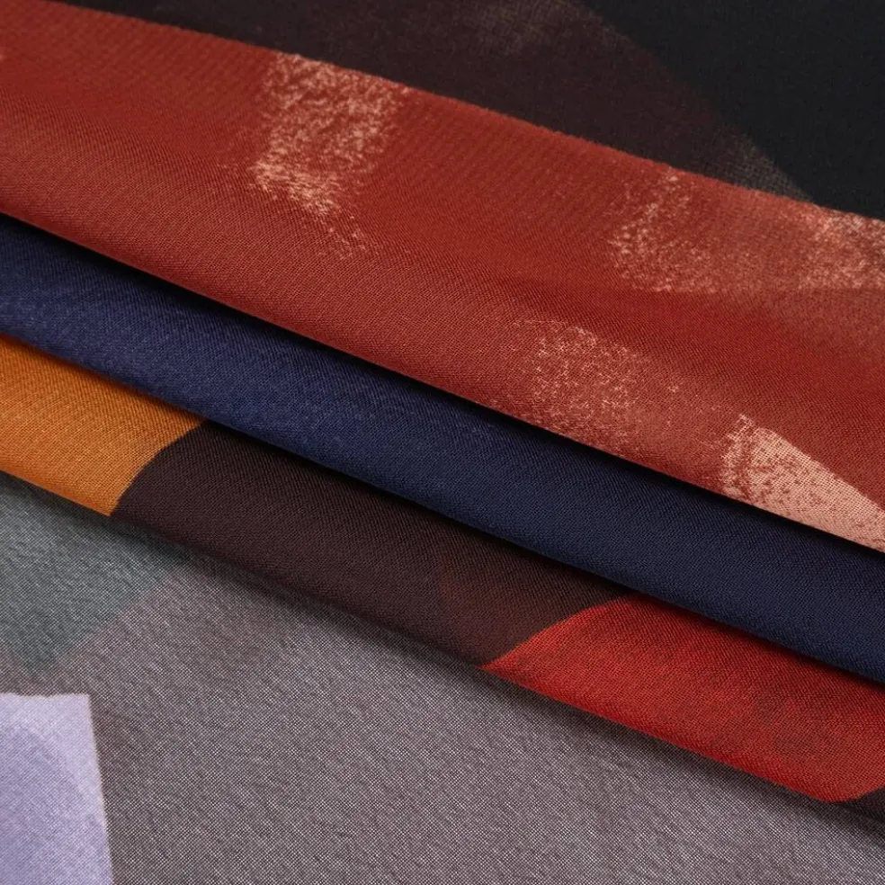 1 Yard Brown Orange Abstract Chiffon Print, Flowing 56" Width Sheer Fabric for Dresses