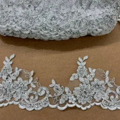 1 Yard Embroidered on 100% Polyester Organza 4.5″ Wide Beaded & Corded Lace Trimming