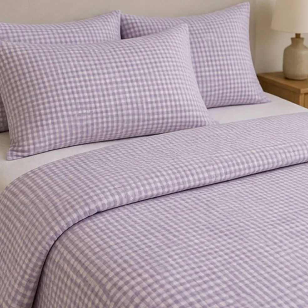 1 Yard Lavender & White Small Gingham Woven Linen Fabric for Apparel