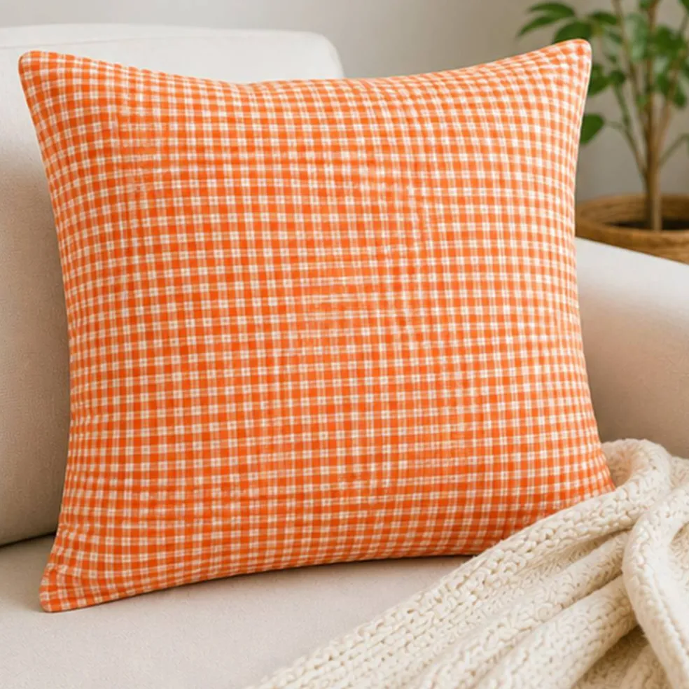 1 Yard Orange, Yellow and White Plaid Medium Weight Linen Woven