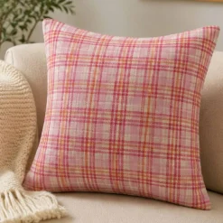 1 Yard Pink Orange and Cream Plaid Lightweight Linen Woven Fabric