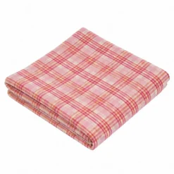 1 Yard Pink Orange and Cream Plaid Lightweight Linen Woven Fabric