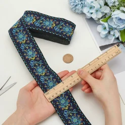 10 Yards Boho Jacquard Fabric Trim with Embroidered Flowers - Blue, 2 Inch Ethnic Style Floral Ribbon for Sewing, Handmade Bag Strap Making & DIY Clothing Decoration