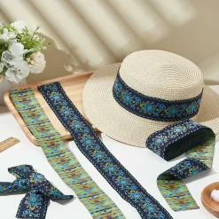 10 Yards Boho Jacquard Fabric Trim with Embroidered Flowers - Blue, 2 Inch Ethnic Style Floral Ribbon for Sewing, Handmade Bag Strap Making & DIY Clothing Decoration