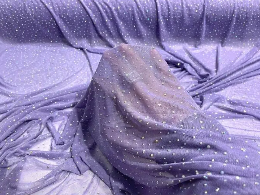 1 Yard Sheer Power Mesh With AB Rhinestones Stretch Fabric for Dancewear, Gowns & DIY