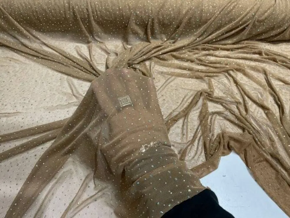 1 Yard Sheer Power Mesh With AB Rhinestones Stretch Fabric for Dancewear, Gowns & DIY
