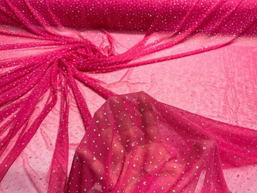 1 Yard Sheer Power Mesh With AB Rhinestones Stretch Fabric for Dancewear, Gowns & DIY