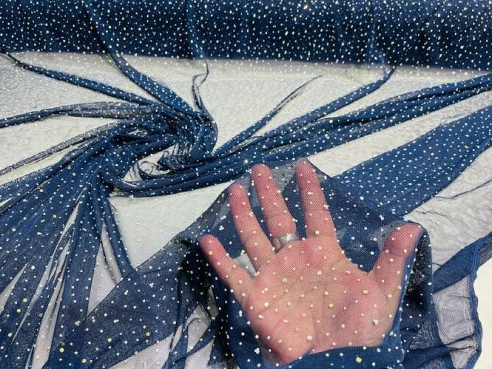 1 Yard Sheer Power Mesh With AB Rhinestones Stretch Fabric for Dancewear, Gowns & DIY
