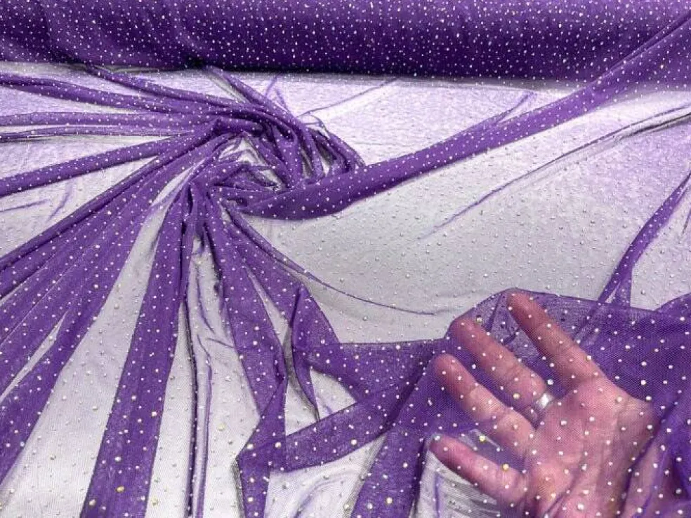 1 Yard Sheer Power Mesh With AB Rhinestones Stretch Fabric for Dancewear, Gowns & DIY