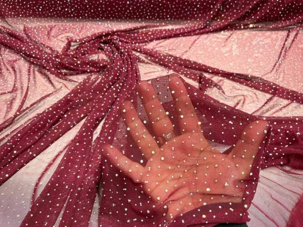 1 Yard Sheer Power Mesh With AB Rhinestones Stretch Fabric for Dancewear, Gowns & DIY
