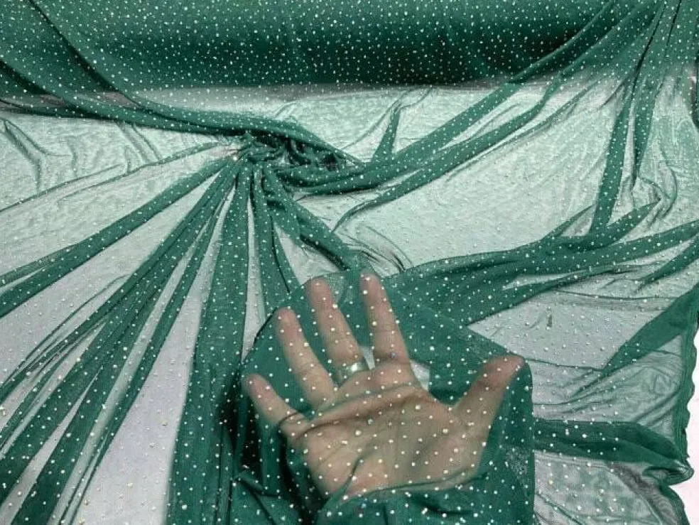 1 Yard Sheer Power Mesh With AB Rhinestones Stretch Fabric for Dancewear, Gowns & DIY