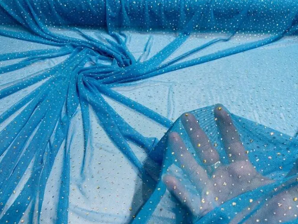 1 Yard Sheer Power Mesh With AB Rhinestones Stretch Fabric for Dancewear, Gowns & DIY