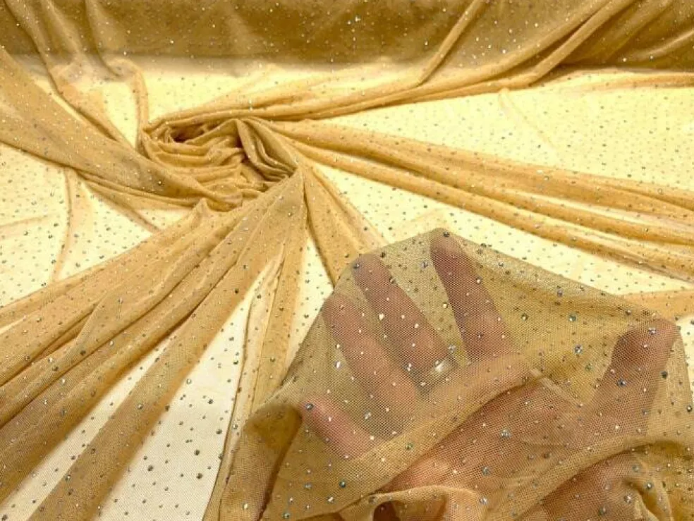 1 Yard Sheer Power Mesh With AB Rhinestones Stretch Fabric for Dancewear, Gowns & DIY
