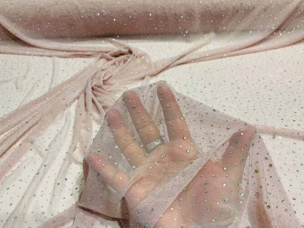 1 Yard Sheer Power Mesh With AB Rhinestones Stretch Fabric for Dancewear, Gowns & DIY