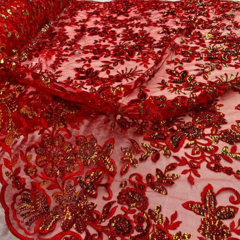 1 Yard Sparkling Beaded and Sequined Lace Fabric Embroidered on Polyester Net Mesh