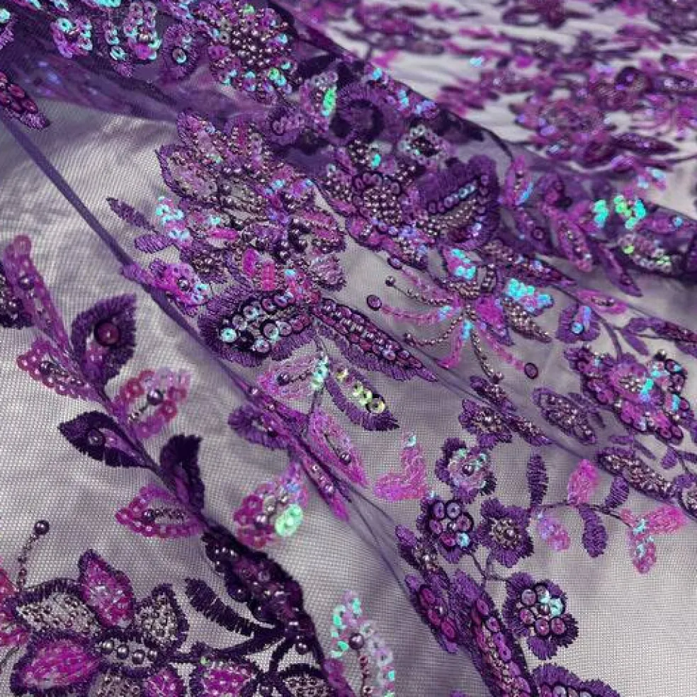 1 Yard Sparkling Beaded and Sequined Lace Fabric Embroidered on Polyester Net Mesh