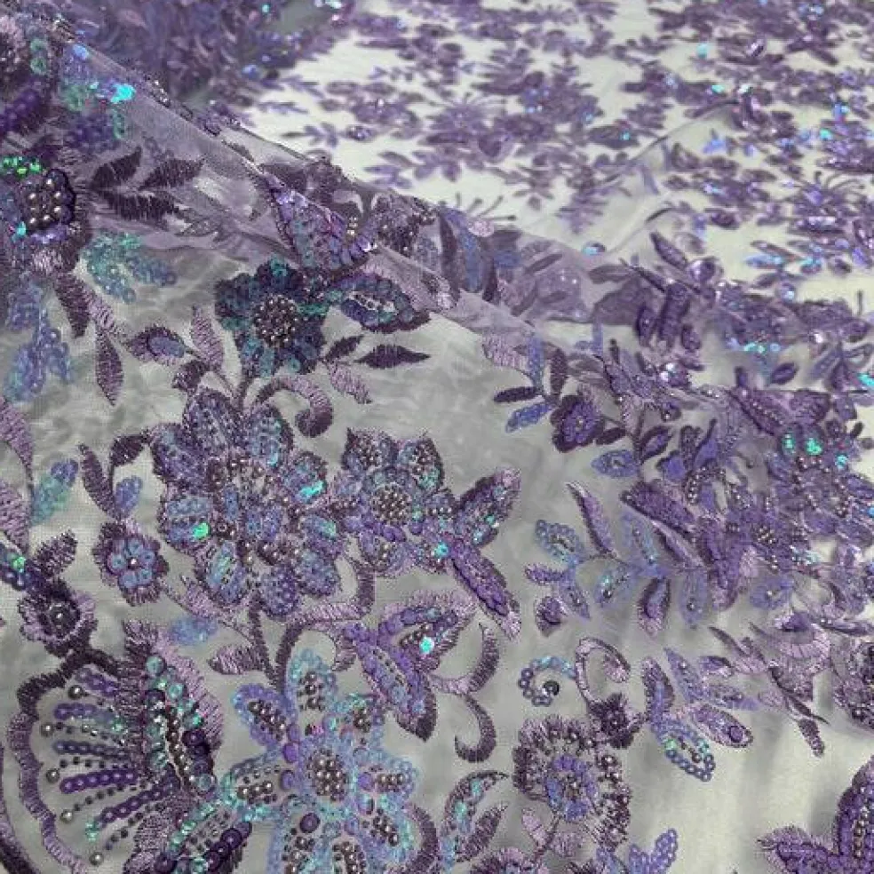 1 Yard Sparkling Beaded and Sequined Lace Fabric Embroidered on Polyester Net Mesh