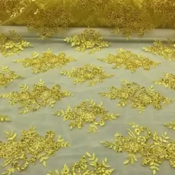 1 Yard Vibrant Yellow Sequin Lace Fabric with Intricate Embroidery on Mesh 54 inches Width
