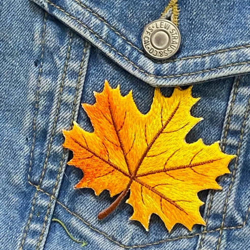 2-3/4" Yellow/Orange Fall Autumn Leaf, Embroidered, Iron on Patch