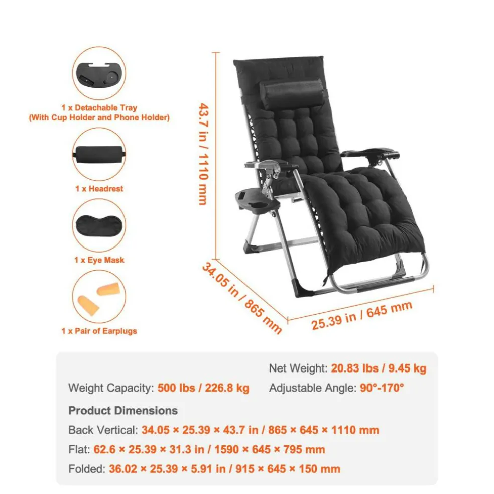 Zero Gravity Recliner Chair Heavy Duty Adjustable with Cushion and Tray