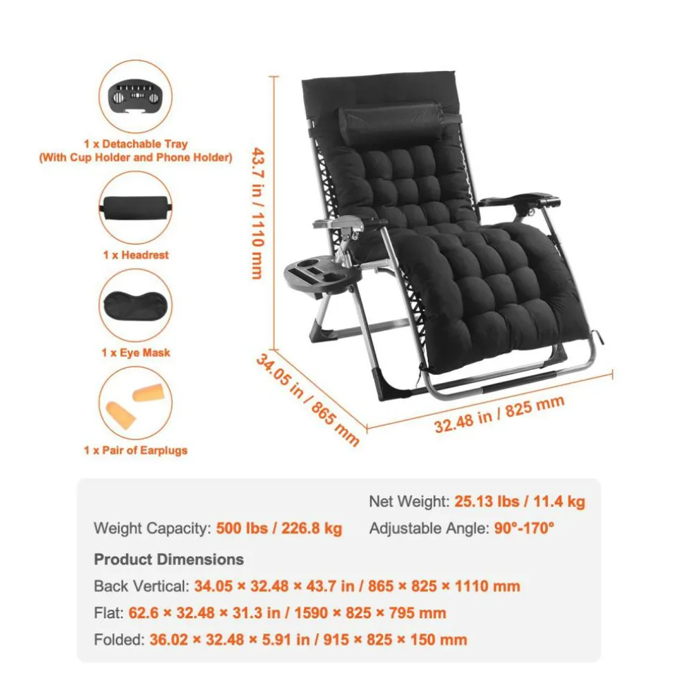 Zero Gravity Recliner Chair Heavy Duty Adjustable with Cushion and Tray