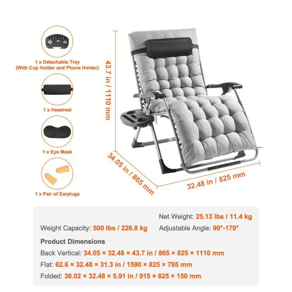 Zero Gravity Recliner Chair Heavy Duty Adjustable with Cushion and Tray