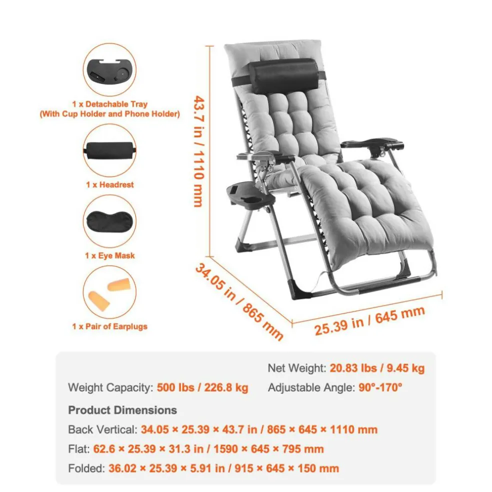 Zero Gravity Recliner Chair Heavy Duty Adjustable with Cushion and Tray